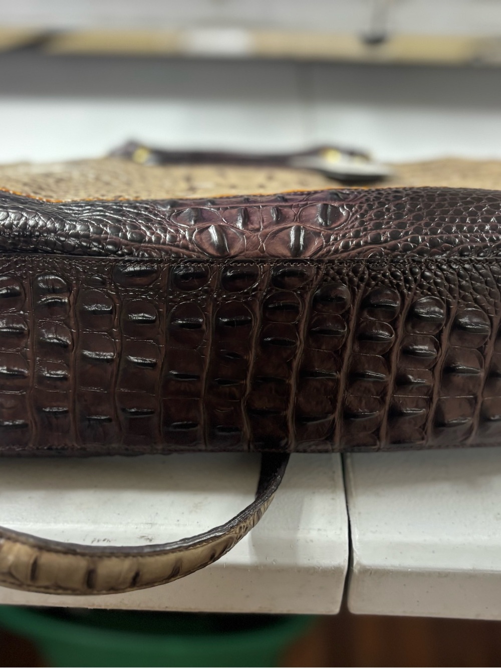 Brahmin Croc-Embossed Satchel in Beige and Dark Brown with Yellow Trim - Picture 3 of 16